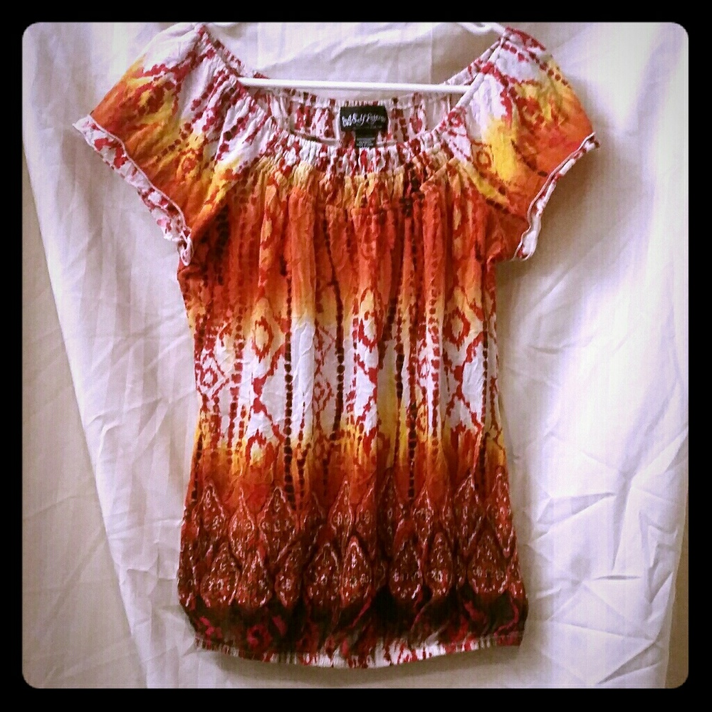 Southwestern Firey Pattern Smocked Peasant Top L